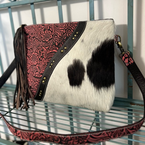New Bag  Cowhide Red Embossed Leather Cowhide crossbody Tassel Stud Boho Western - Picture 6 of 12